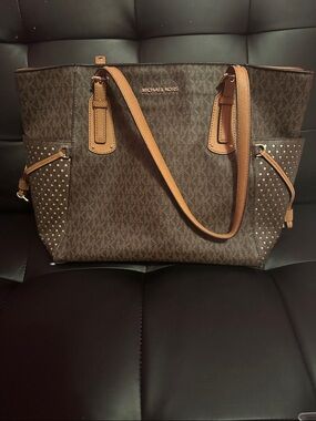 Michael Kors Brown and Tan MK Signature Studded Tote